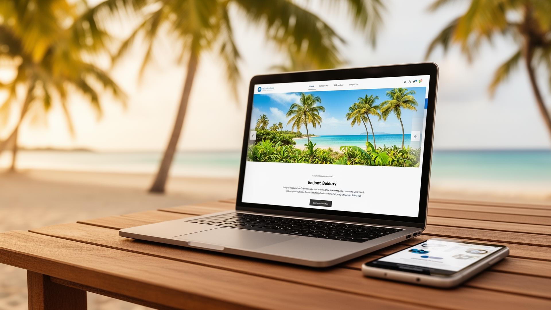 Laptop y smartphone mostrando un website en un ambiente tropical